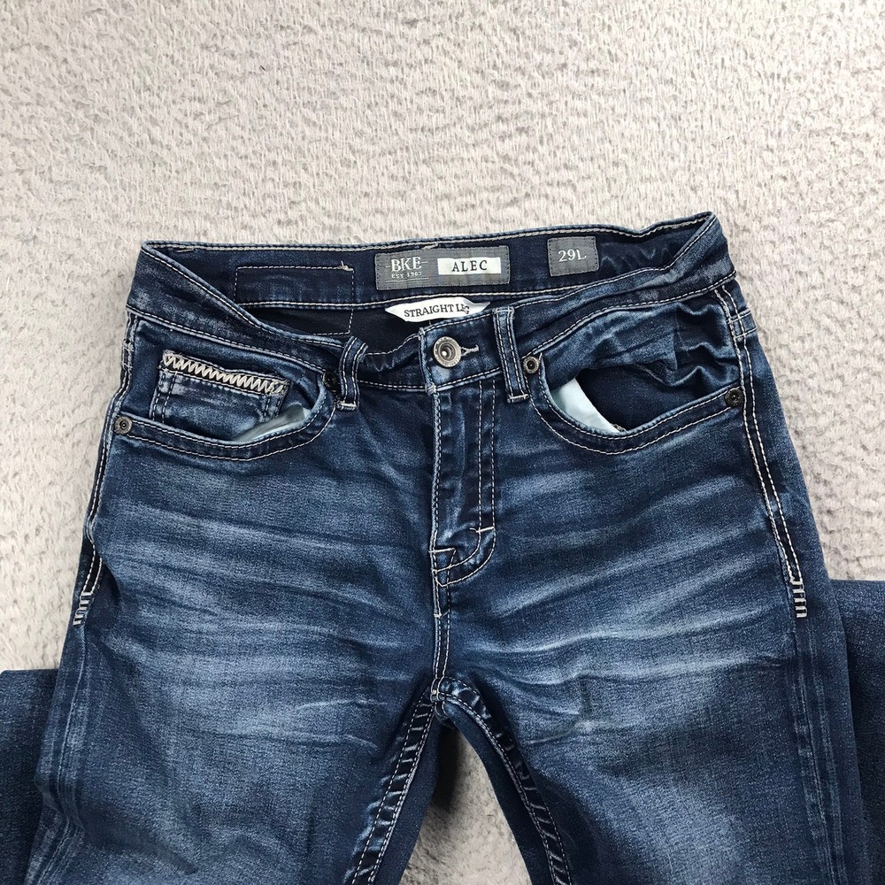 BKE Alec Jeans Men 29L (28x30) Blue Straight Leg Dark Wash Distressed Denim - Picture 5 of 15